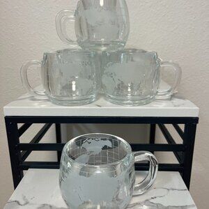 Vintage Nescafé World Globe Etched Glass Coffee Mugs/Set of 9